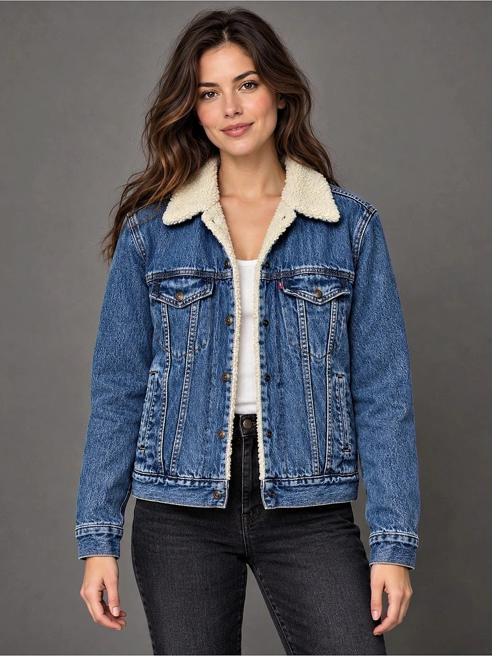 Levi’s Premium Ex-Boyfriend Sherpa Trucker Denim Jacket Blue Small Retro